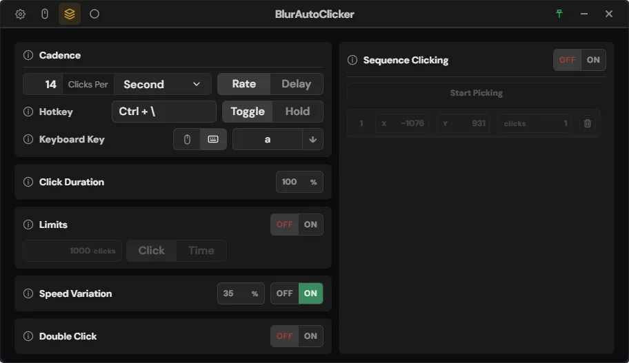 Blur Auto Clicker main window in advanced mode: cadence set to 14 clicks per second, hotkey Ctrl+\, click duration, limits, speed variation and double click rows, with the sequence clicking panel on the right.