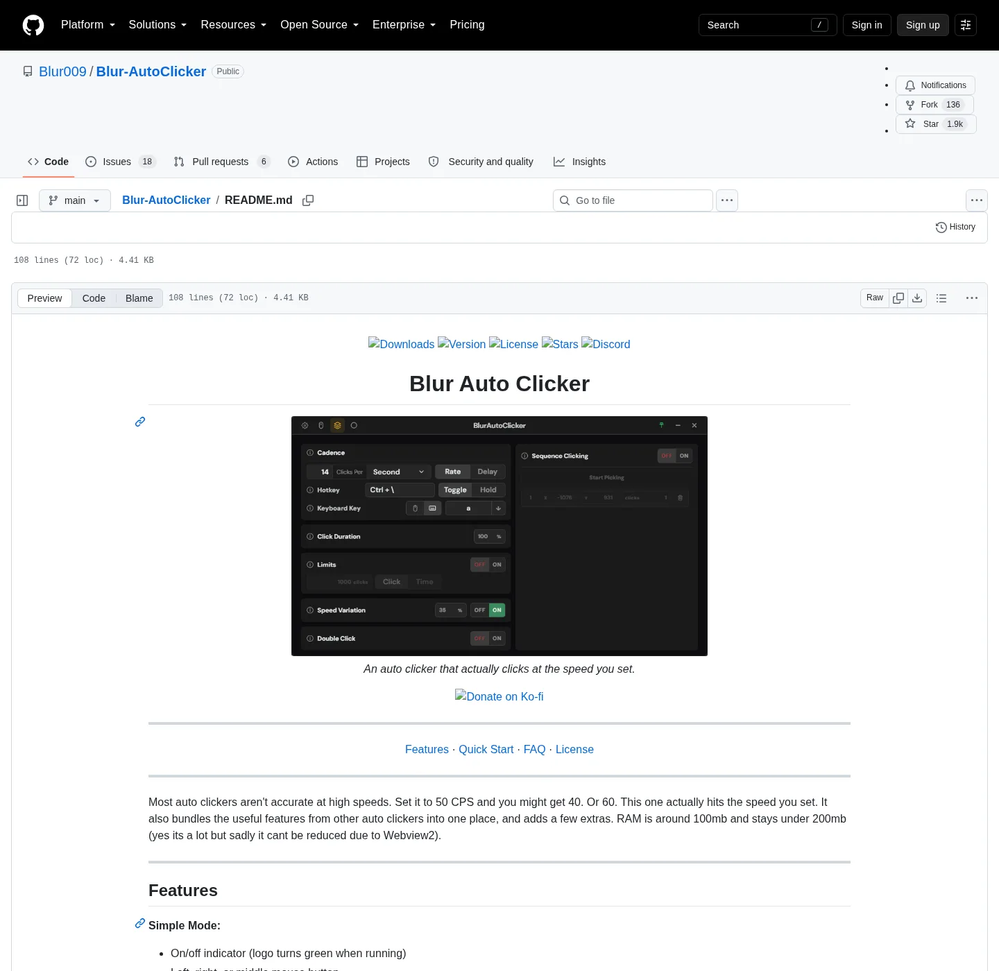 The Blur-AutoClicker README on GitHub listing Simple mode and Advanced mode features, including hotkeys, limits and position clicking.